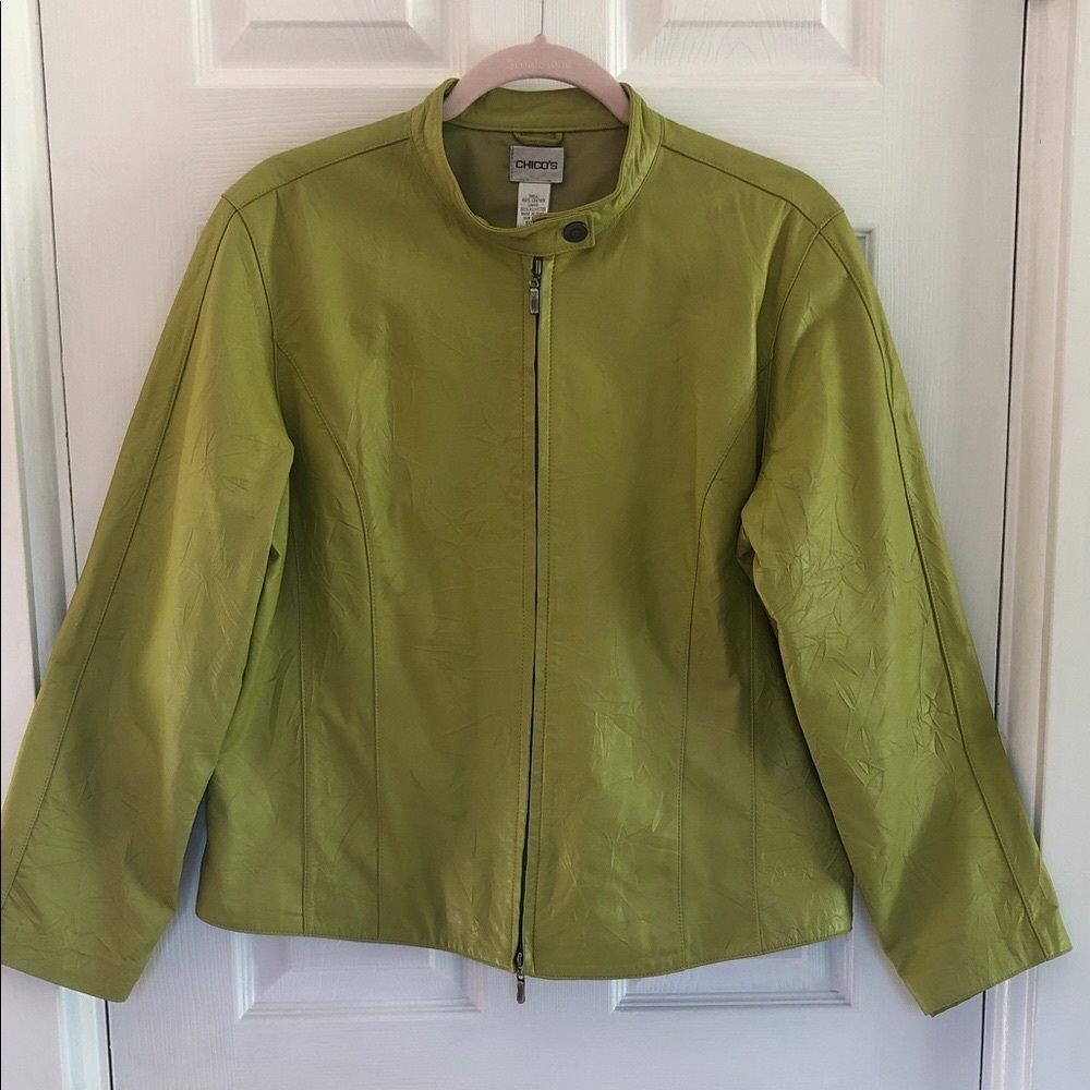 CHICO’S Leather Chartreuse Lightweight Jacket size 2 Large and silk scarf